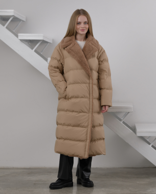 Жіночий подовжений пуховик із коміром (бежевий)