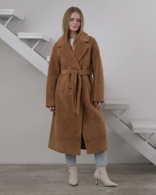 Шуба з вовни на поясі (коричнева)