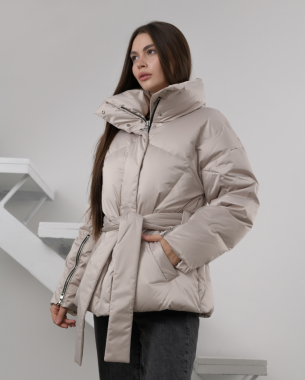 Пуховик з поясом нейлон (бежевий)