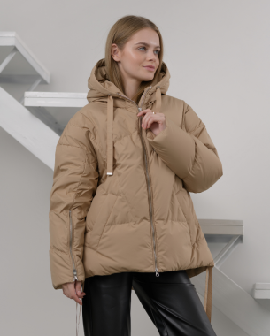 Нейлоновий пуховик із блискавками на рукавах (бежевий)