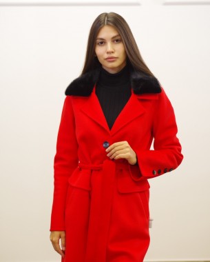 Жіноче вовняне пальто з норковим коміром (червоне)