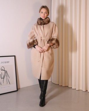 Пальто з альпаки з норковою вставкою на комірі та рукавах (бежеве)