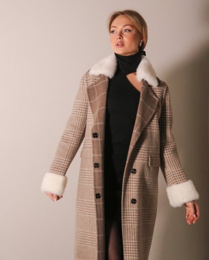 Пальто жіноче вовняне з норковою оздобленням та принтом (бежеве)