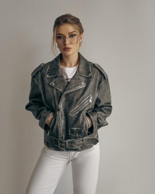Жіноча куртка шкіряна вінтажна на блискавці (сіра)
