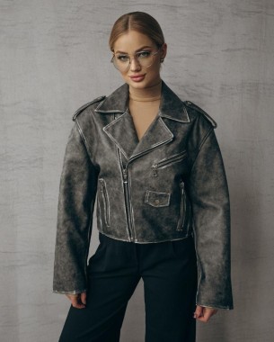 Куртка в стиле винтаж на молнии кожаная (серая)